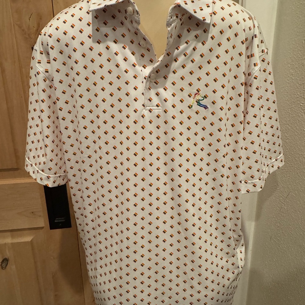 RHOBACK White & Rainbow Patterned Men's Golf Shirt Sz Large